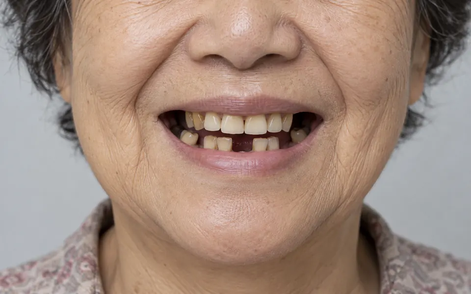 치료 전: 여러 개의 치아가 빠져 있는 모습